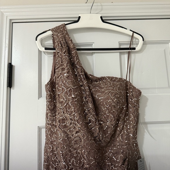 Alex Evenings One-Shoulder Sequin Lace Gown in Mocha - Picture 3 of 12